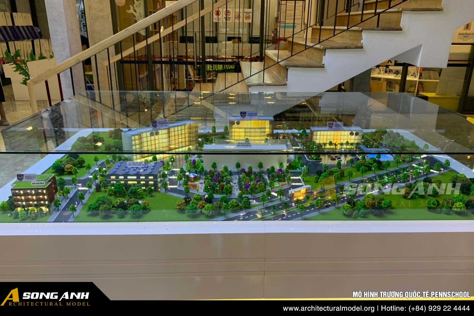 Toàn cảnh mô hình kiến trúc dự án trường quốc tế Pennsylvania American nhìn từ trên cao với quy hoạch hoàn thiện.