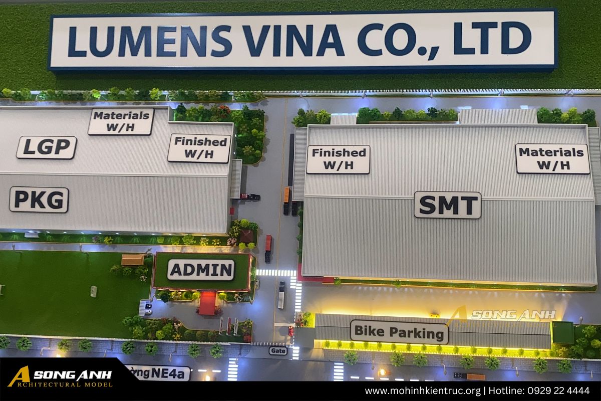 Tổng thể layout kiến trúc mô hình nhà máy Lumens Vina bao gồm các phân khu PKG, SMT và Admin.