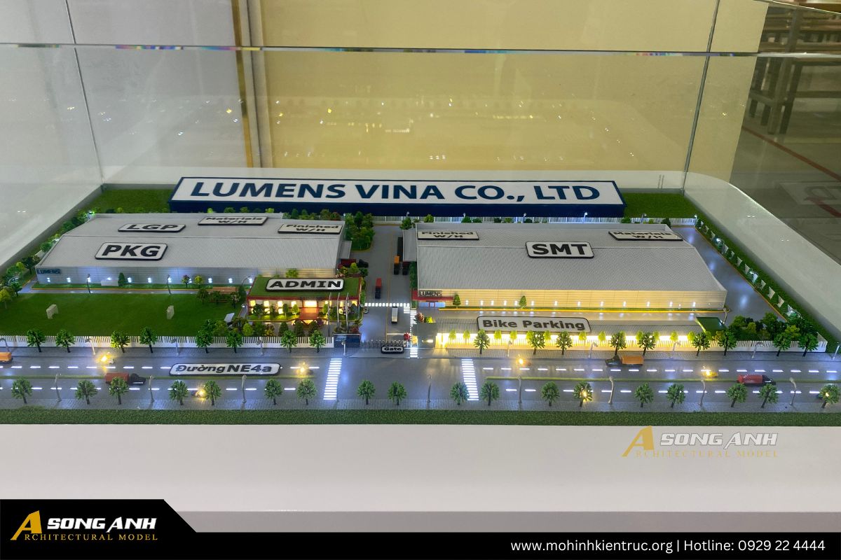 Mặt bằng bố trí các khu vực LGP, PKG, SMT và kho bãi trên mô hình nhà máy Lumens Vina.
