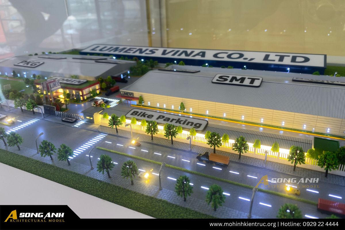 Chi tiết khu vực xưởng SMT và bãi đỗ xe mô hình nhà máy Lumens Vina trên đường NE4a.