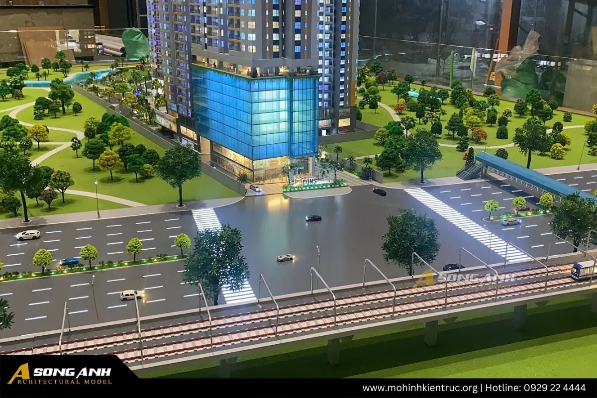 Cách Song Anh ứng dụng công nghệ đèn LED vào mô hình chung cư cao tầng Bcons The New Point để làm nổi bật các phân khu căn hộ.