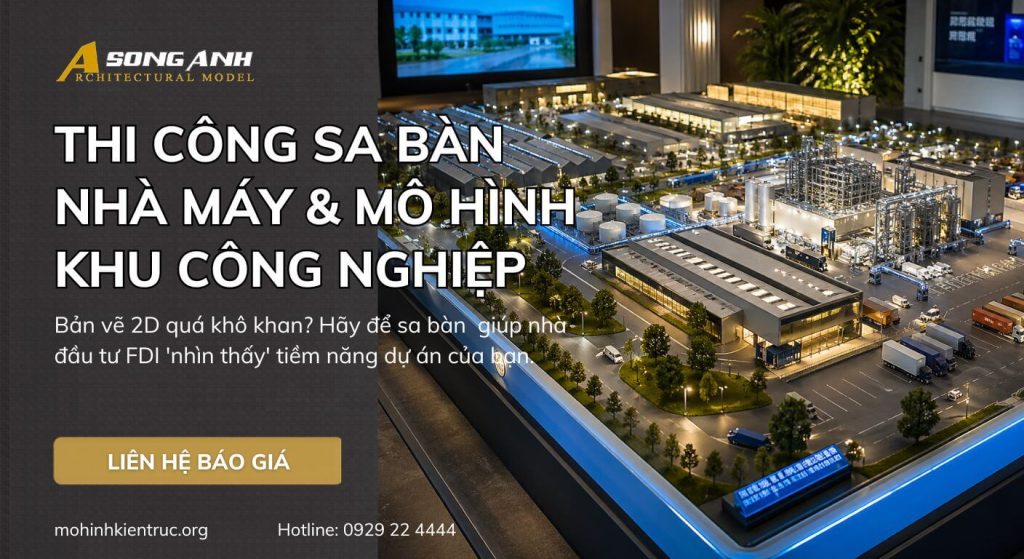 Cận cảnh thi công sa bàn nhà máy hiện đại và mô hình khu công nghiệp với độ chi tiết cao, tích hợp hệ thống chiếu sáng thông minh do Song Anh thực hiện.