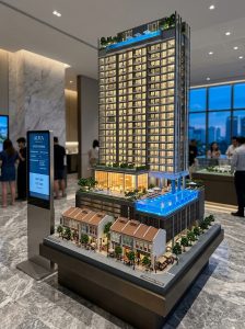 Sa bàn phân khu shophouse và chung cư cao tầng tích hợp hệ thống sa bàn tương tác chọn lọc vị trí căn hộ.
