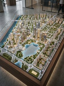 Thi công sa bàn quy hoạch khu đô thị tỷ lệ 1/500 với hệ thống đèn LED nền và mô hình toàn khu chuẩn xác.