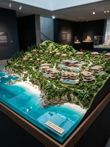 Mô hình sa bàn khu nghỉ dưỡng sinh thái sử dụng công nghệ in 3D tái hiện địa hình đồi núi và hiệu ứng mặt nước.