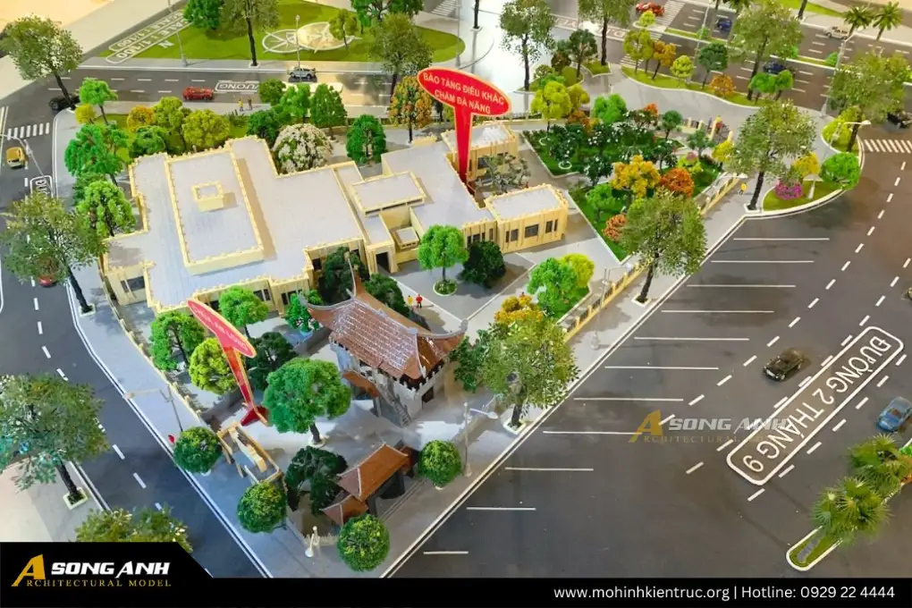 Chi tiết cảnh quan, đường dạo bộ và cây xanh nội khu trên mô hình kiến trúc.