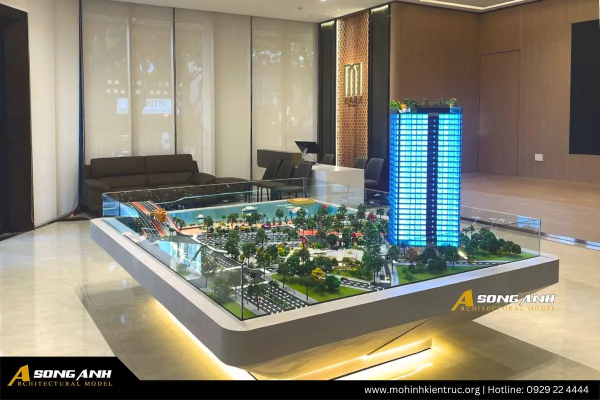 Toàn cảnh không gian mô hình chung cư M Riverside Đà Nẵng nhìn từ trên cao.