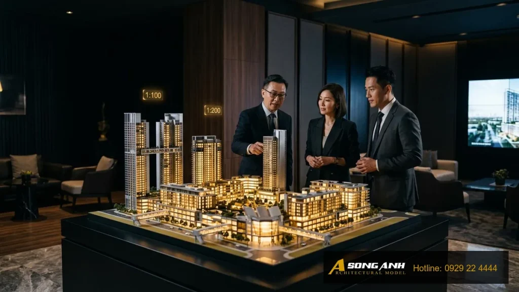 mô phỏng tỷ lệ sa bàn 1:100 1:200 bằng AI cho Chủ đầu tư BĐS trong Sales Gallery