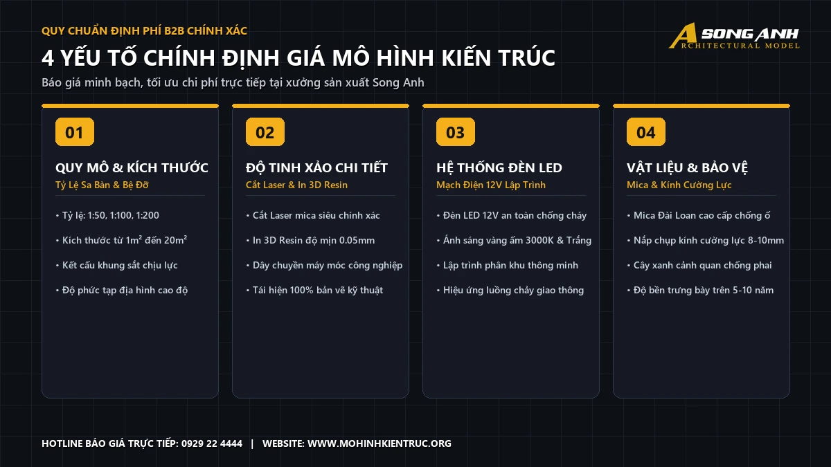 Sơ đồ 4 yếu tố chính quyết định bảng báo giá làm mô hình kiến trúc tại xưởng Song Anh