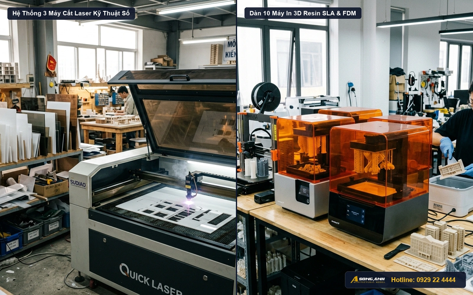 Hệ thống máy cắt Laser kỹ thuật số và dàn 10 máy in 3D Resin FDM tại xưởng Mô Hình Song Anh Thủ Đức