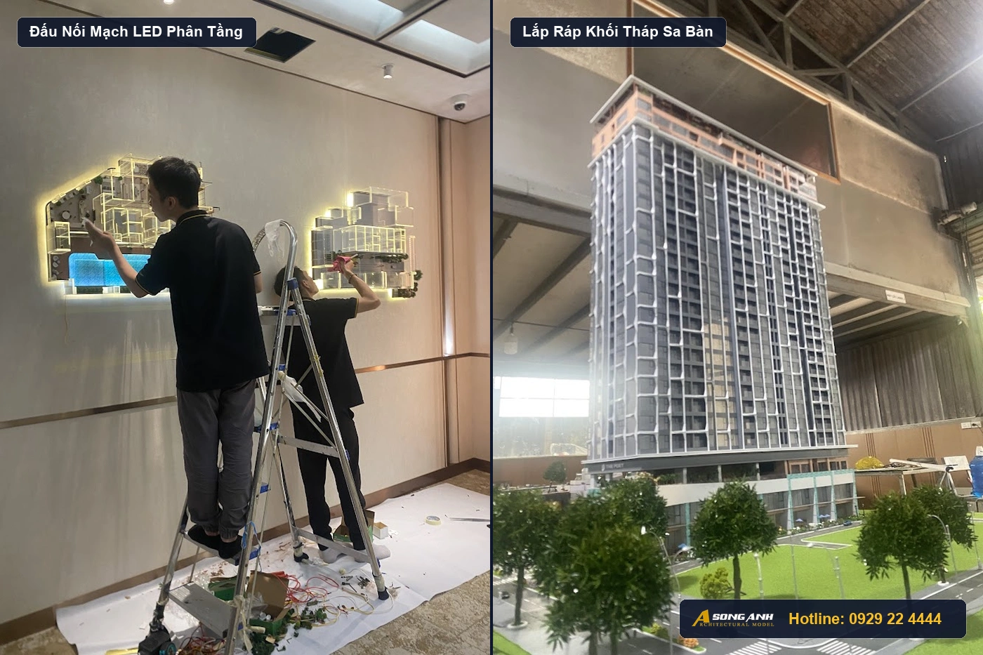Kỹ thuật viên Mô Hình Song Anh gia công tỉ mỉ từng chi tiết tháp chung cư và hệ thống chiếu sáng