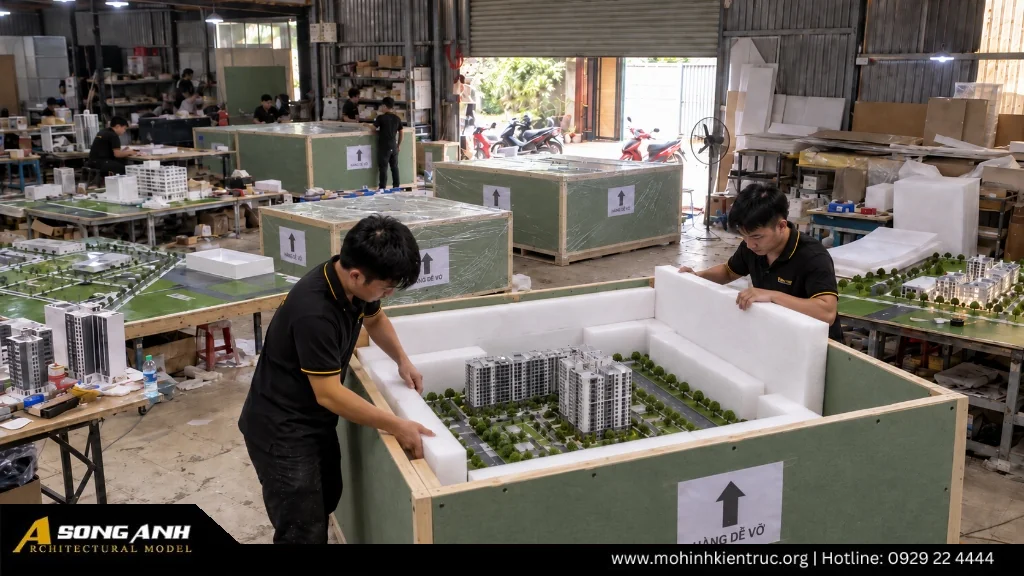 Khối sa bàn kiến trúc hoàn thiện được chèn mút xốp đóng kiện gỗ chắc chắn tại xưởng Mô Hình Song Anh