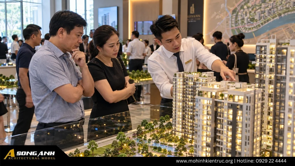 Khách hàng tìm hiểu hướng căn hộ và tiện ích trên sa bàn chung cư tại phòng bán hàng