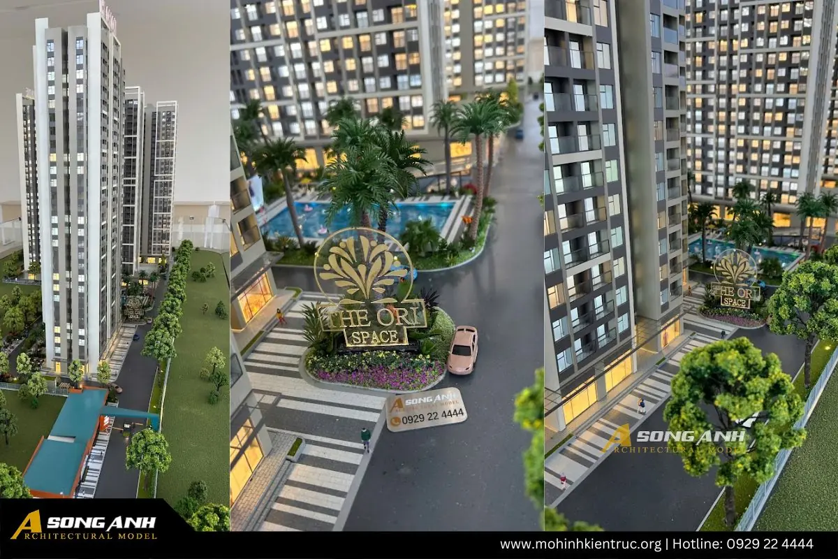 Cổng biểu tượng chiếc lá The ORI Space, hồ bơi hàng dừa và các tháp căn hộ trên sa bàn dự án