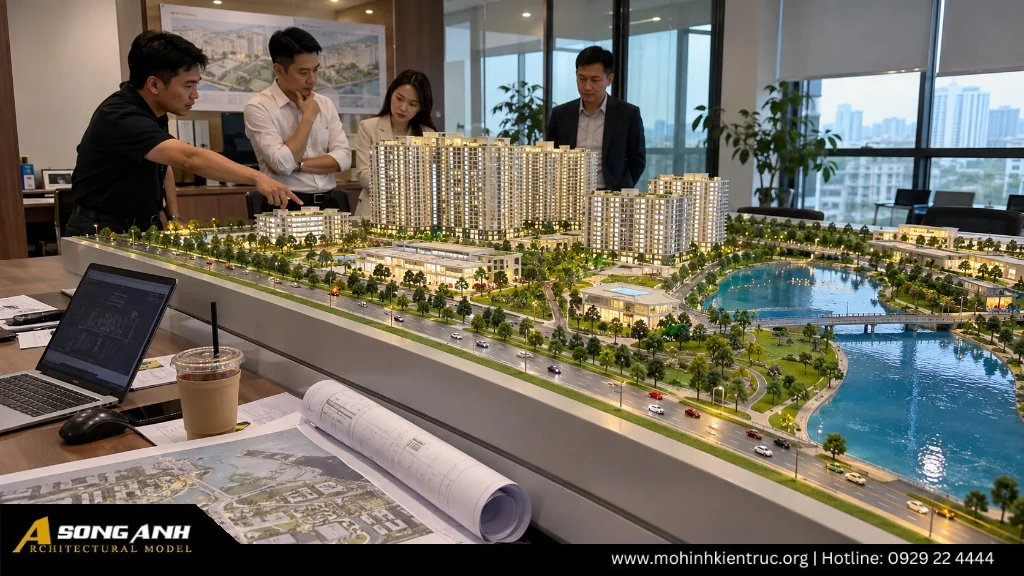 Khối sa bàn quy hoạch tổng thể chiếu sáng đèn LED giải thích vì sao sử dụng mô hình kiến trúc